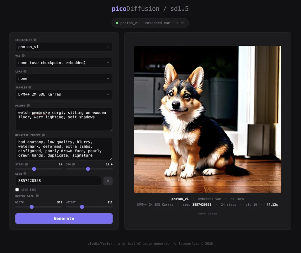 picoDiffusion showing a generated image