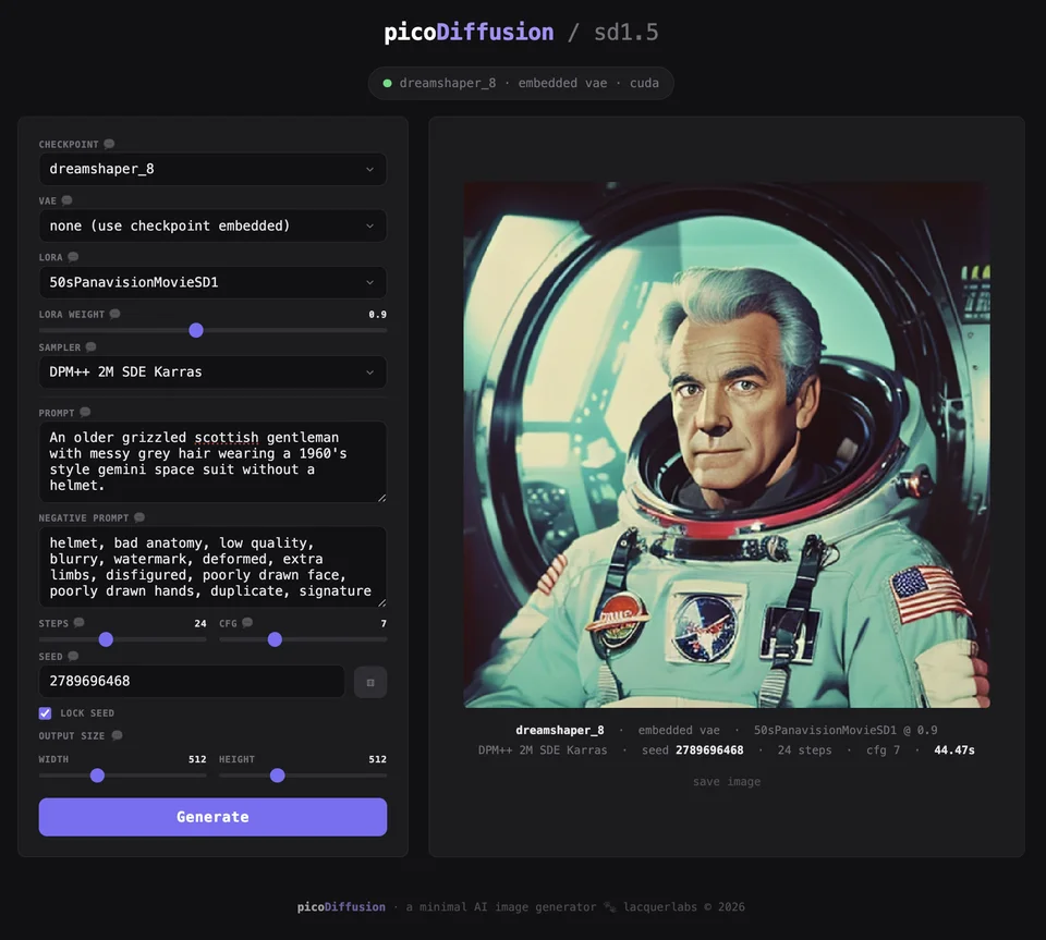 picoDiffusion interface showing a generated image