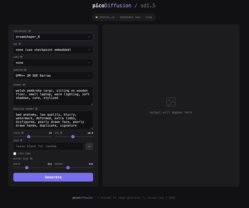 picoDiffusion interface on first load